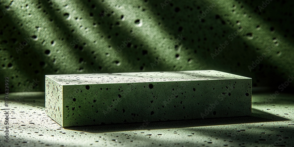 Poster visual display of a textured green stone block illuminated with dramatic shadows in a minimalistic s