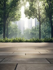 Empty city square floor and green woods scenery