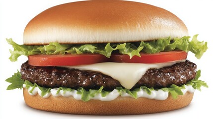 Close-up of a succulent juicy burger topped with melted cheese, fresh lettuce, and ripe tomato, showcasing indulgent textures and colors.
