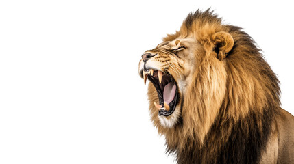 A powerful lion with a full mane roaring isolated on a transparent background, PNG