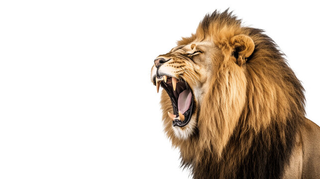 A powerful lion with a full mane roaring isolated on a transparent background, PNG