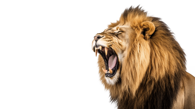 A powerful lion with a full mane roaring isolated on a transparent background, PNG