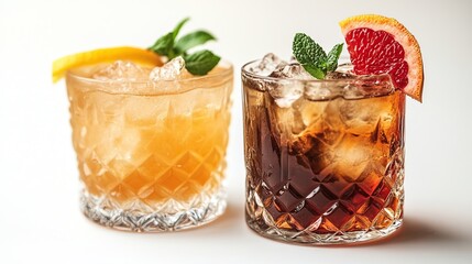 Two refreshing cocktails in rocks glasses, garnished with citrus and mint.