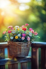 Brightly colored flower basket on a wooden railing during sunset