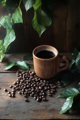 Freshly brewed coffee in a rustic cup surrounded by coffee beans and green leaves