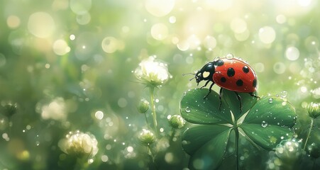 Obraz premium Colorful ladybug resting on a dew-covered clover leaf in a serene natural setting