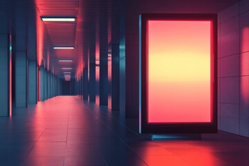 Neon-lit corridor; illuminated blank sign.