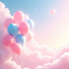 Fototapeta premium Composición celestial con globos de colores pastel flotando en un cielo azul con nubes rosadas