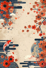 Light beige background with Japanese patterns in red, orange, and blue. Features cherry blossoms, koi fish, camellias, chrysanthemums, water ripples, and geometric shapes.
