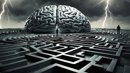 Gigantic Brain Sculpture Surrounded by an Intricate Maze Under a Stormy Sky with Lightning Strikes

