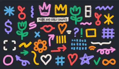 Set of colored charcoal graffiti doodle punk and girly shapes. Big collection of bold marker brush drawn various doodle elements for design, collages, illustration. Vector punk and grunge style.