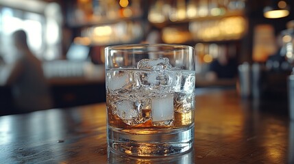 Whiskey glass with ice on bar counter, blurred bar background.