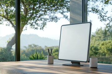Fototapeta premium A side view image of a computer mockup with a white screen and accessories sits on a wooden table near a large glass window overlooking nature. close-up image