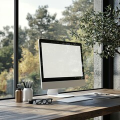 Fototapeta premium A side view image of a computer mockup with a white screen and accessories sits on a wooden table near a large glass window overlooking nature. close-up image