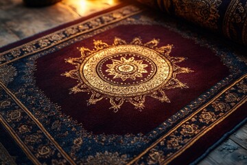 Naklejka premium Ornate rug, dark red, gold design.