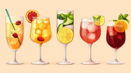 Five colorful cocktails in glasses with ice, fruit, and mint garnishes.
