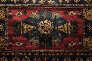 Ornate rug, rich colors, intricate design.