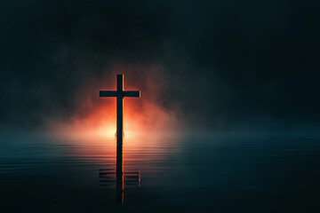 Fototapeta premium Kreuz in ruhigem Wasser vor sanftem, blauem Licht