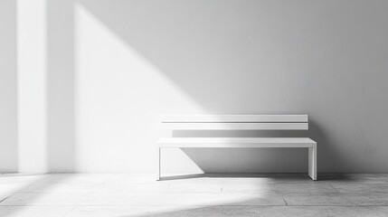 Fototapeta premium Empty white bench in a minimalist composition. against the background of the wall