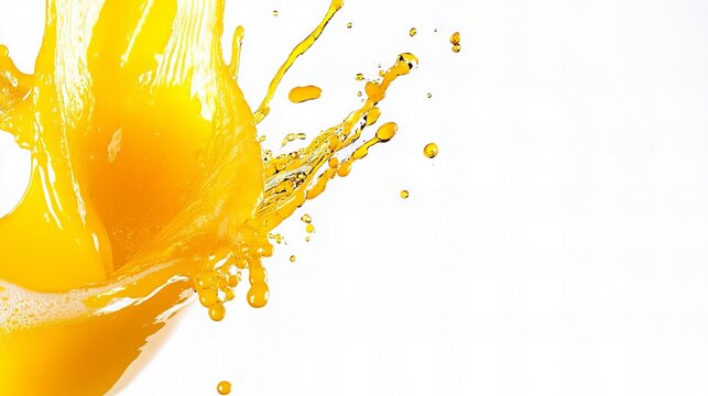 Splash of vibrant orange juice against a white background.  The dynamic movement captures the refreshing essence of the drink.