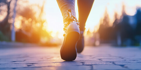 Male legs walking down a city street. Bionic prosthetic leg. Medical innovations in prosthetics for a missing limb, copy space