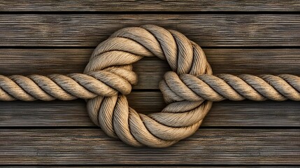 Obraz premium Rope knot tied on weathered wood background.