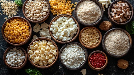 Assorted grains, flours, pasta, and cheese in wooden bowls on dark background.