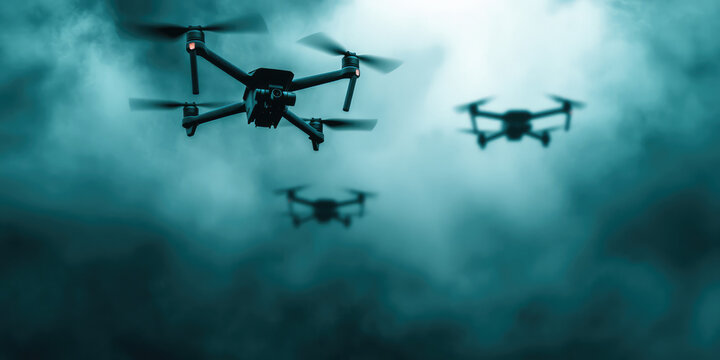 Many drones against the sky background. Urban innovation, technology, drone for infrastructure
