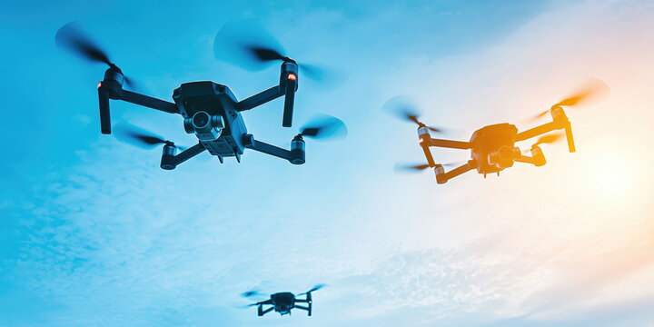 Many drones against the sky background. Urban innovation, technology, drone for infrastructure