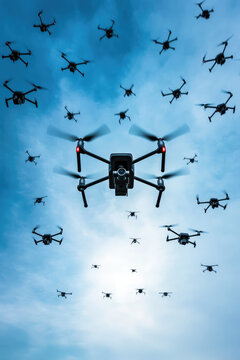 Many drones against the sky background. Urban innovation, technology, drone for infrastructure