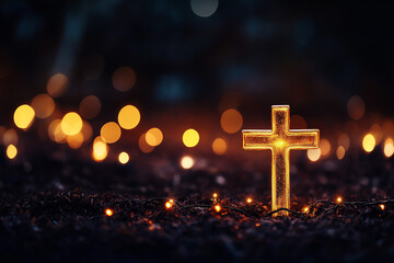Leuchtendes Kreuz in der Dämmerung mit verschwommenem Lichterhintergrund

