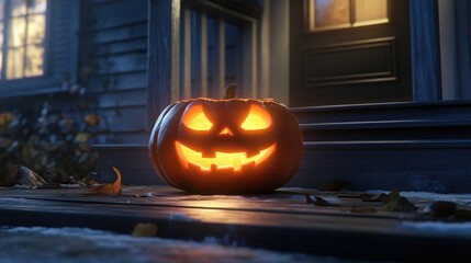 Obraz premium Spooky Halloween Jack-O'-Lantern Glowing on Dimly Lit Porch Surrounded by Autumn Leaves, Perfect for Fall and Halloween-Themed Decor