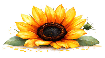Vibrant single sunflower with leaves, pollen, isolated on white.
