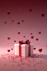 Elegant Valentine's Day gift box with red ribbon, romantic pastel pink background, heart-shaped confetti, and dreamy festive atmosphere