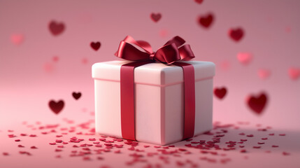 Elegant Valentine's Day gift box with red ribbon, romantic pastel pink background, heart-shaped confetti, and dreamy festive atmosphere
