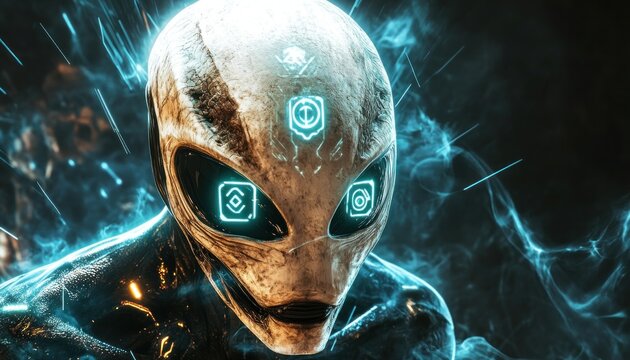Futuristic alien emerging from glowing smoke and light trails