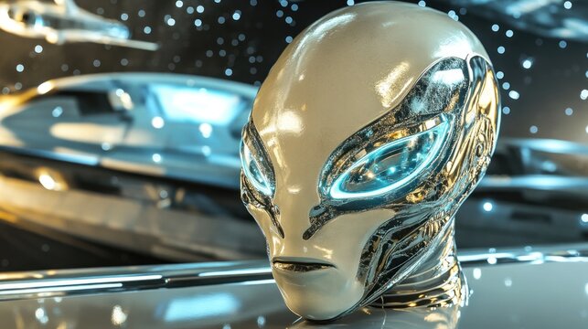 Extraterrestrial being visiting spaceship hangar observing futuristic vehicles