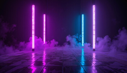 Neon pillars with purple and blue fog on reflective tile floor
