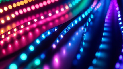 Obraz premium Colorful LED strips, glowing, blurred, vibrant.