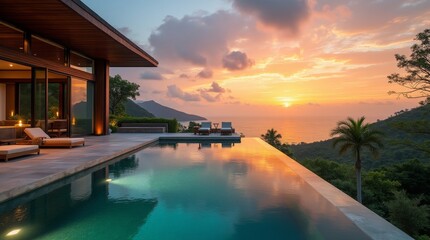 Obraz premium outdoor pool terrace of luxurious villa offers a breathtaking panoramic view of lush tropical landscape, with vibrant colors of sunrise casting a golden glow over tranquil 