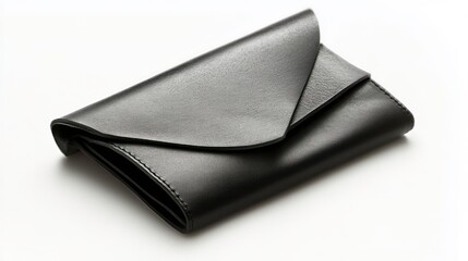 Black leather envelope clutch wallet isolated on white background.