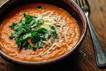 Creamy Tomato Soup with Cheese and Basil