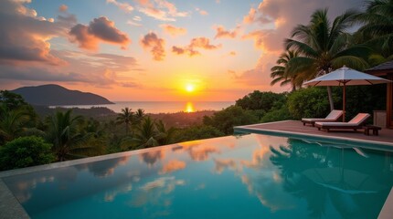 outdoor pool terrace of luxurious villa offers a breathtaking panoramic view of lush tropical landscape, with vibrant colors of sunrise casting a golden glow over tranquil 