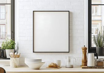 Frame mockup in simple cozy Scandinavian kitchen, 3d render