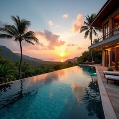 outdoor pool terrace of luxurious villa offers a breathtaking panoramic view of lush tropical landscape, with vibrant colors of sunrise casting a golden glow over tranquil 