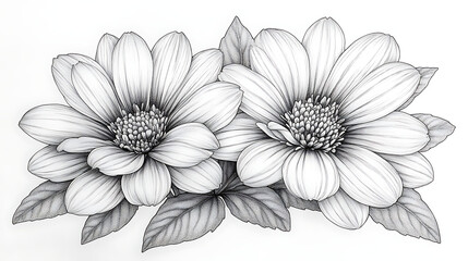Two detailed monochrome dahlia flowers with leaves.