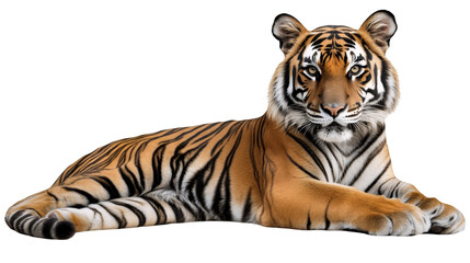 A regal Bengal tiger with striking orange and black stripes isolated on a transparent background, PNG