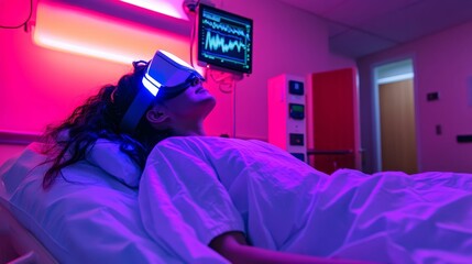 Person in hospital bed wearing headset, vibrant lighting.