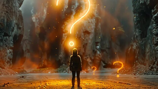 A figure of a person standing in front of a glowing giant question mark in a mysterious dark setting.
