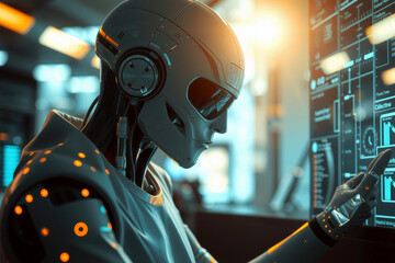 futuristic robot interacts with digital interface, showcasing advanced technology and artificial intelligence in modern setting. scene is illuminated by warm glow, highlighting robot sleek design